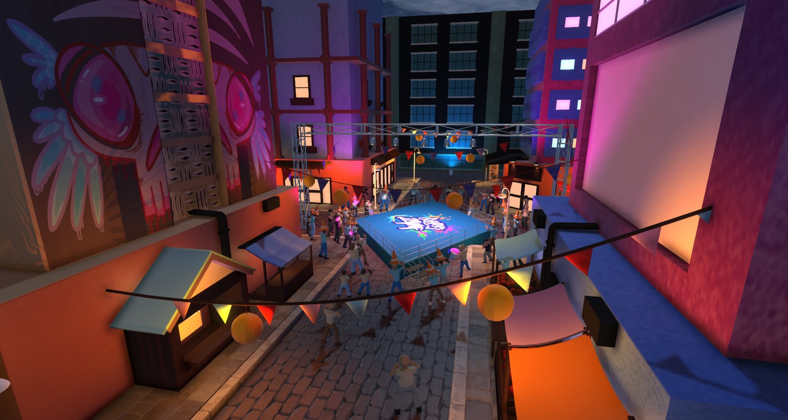 Finished game environment showing the festival stage and crowd