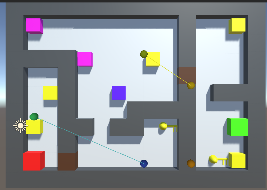 Minimum spanning tree connectivity graph overlaid on a generated dungeon
